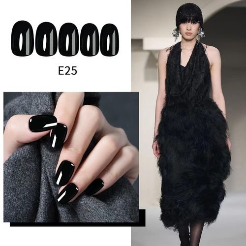 24Psc Reusable Press On Nails Short Round Wearning Nails in Black with Washable Adhesive Tabs Model E25 for DIY Manicure