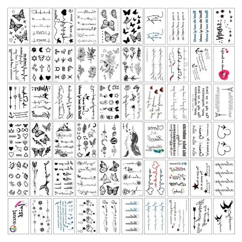 60Pcs Realistic Tattoo stickers Set,words/ Butterfly,Minimalist Design